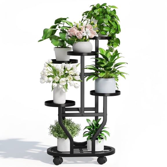 6 Tiers Metal Plant Stand with 4 Wheels Plant Shelf Heavy Duty Flower Stands Flower Pot Holder Plant Rack for Indoor Outdoor