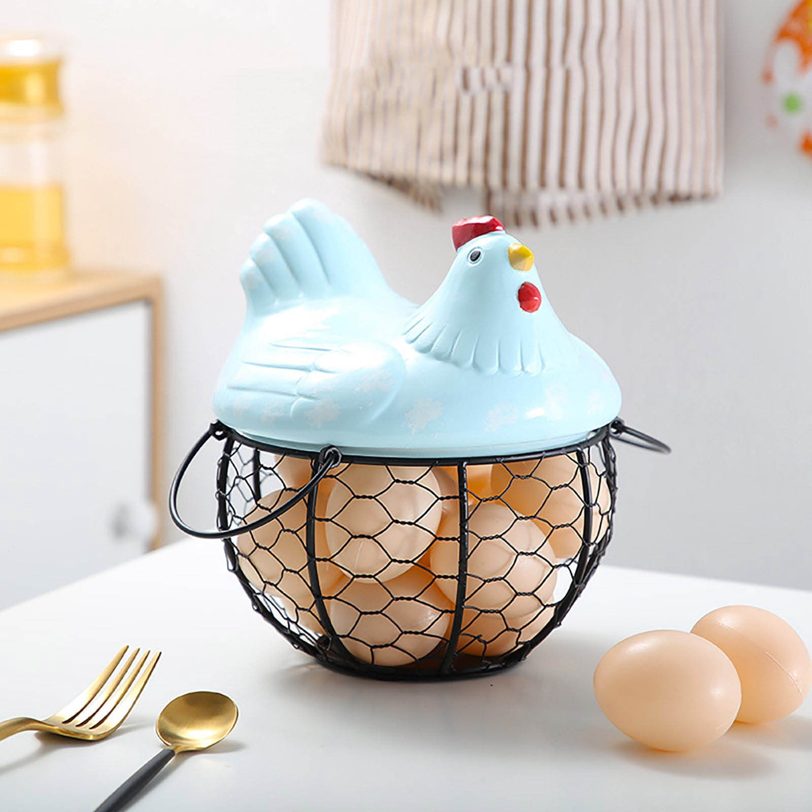 Farmhouse Egg Basket with Ceramic Lid, Black Wire Egg Holder for Fresh Eggs, Decorative Chicken Design Egg Storage Container, Kitchen Countertop Organizer Case for Eggs