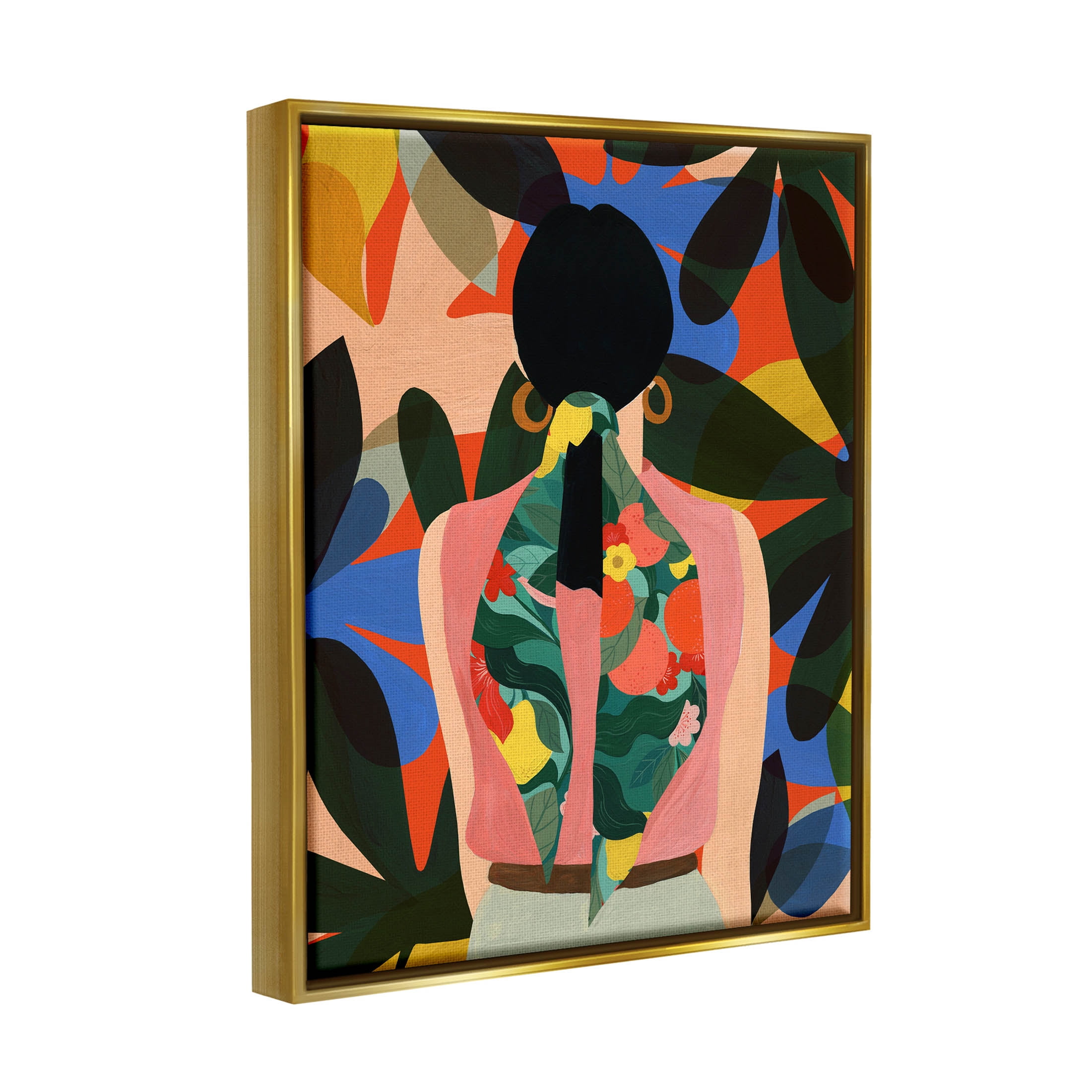 Stupell Industries Contemporary Floral Patterned Girl Graphic Art Metallic Gold Floating Framed Canvas Print Wall Art, Design by Emily Kopcik