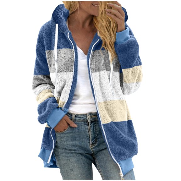 TQWQT Winter Fleece Jackets for Women, Faux Fur Sherpa Coat Fashion Oversized Fluffy Sweatshirt Full Zip Up Plush Hoodie Blue XXL