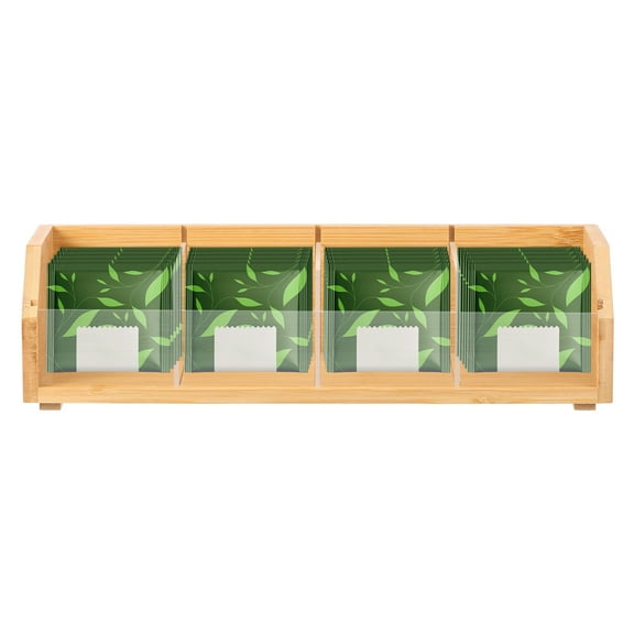 Tea Bag Organizer Single Layer Stackable Tea Bag Holder with 4 Compartment Bamboo and Acrylic Teabag Holder Organizer for Kitchen Countertop Cabinet Pantry