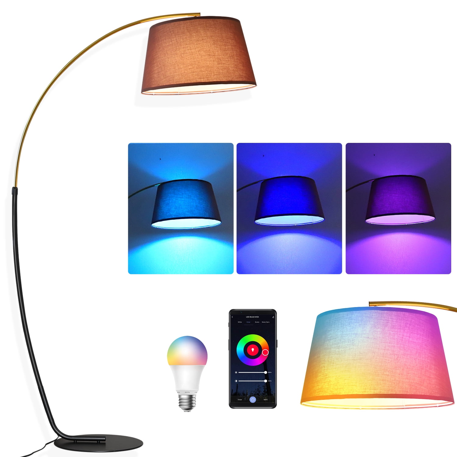 Arc Floor Lamps for Living Room 74 inch Tall Gold & Black Pole with 15W Dimmable RGB Bulb
