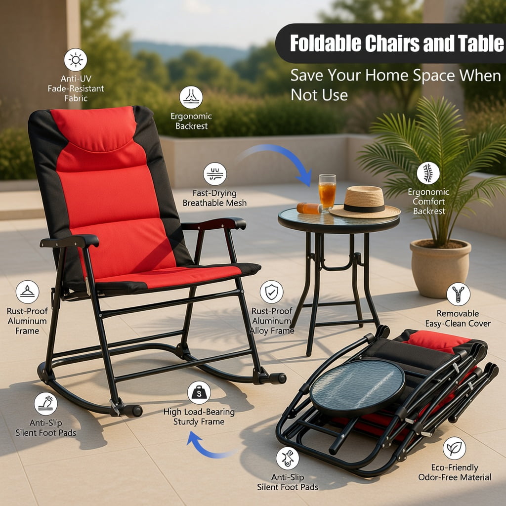 Hommoo 3-Piece Outdoor Folding Rocking Chair & Table Set with Cushions, Steel Frame, Tempered Glass Table, Portable Patio Furniture for Deck, Backyard, Camping, Red