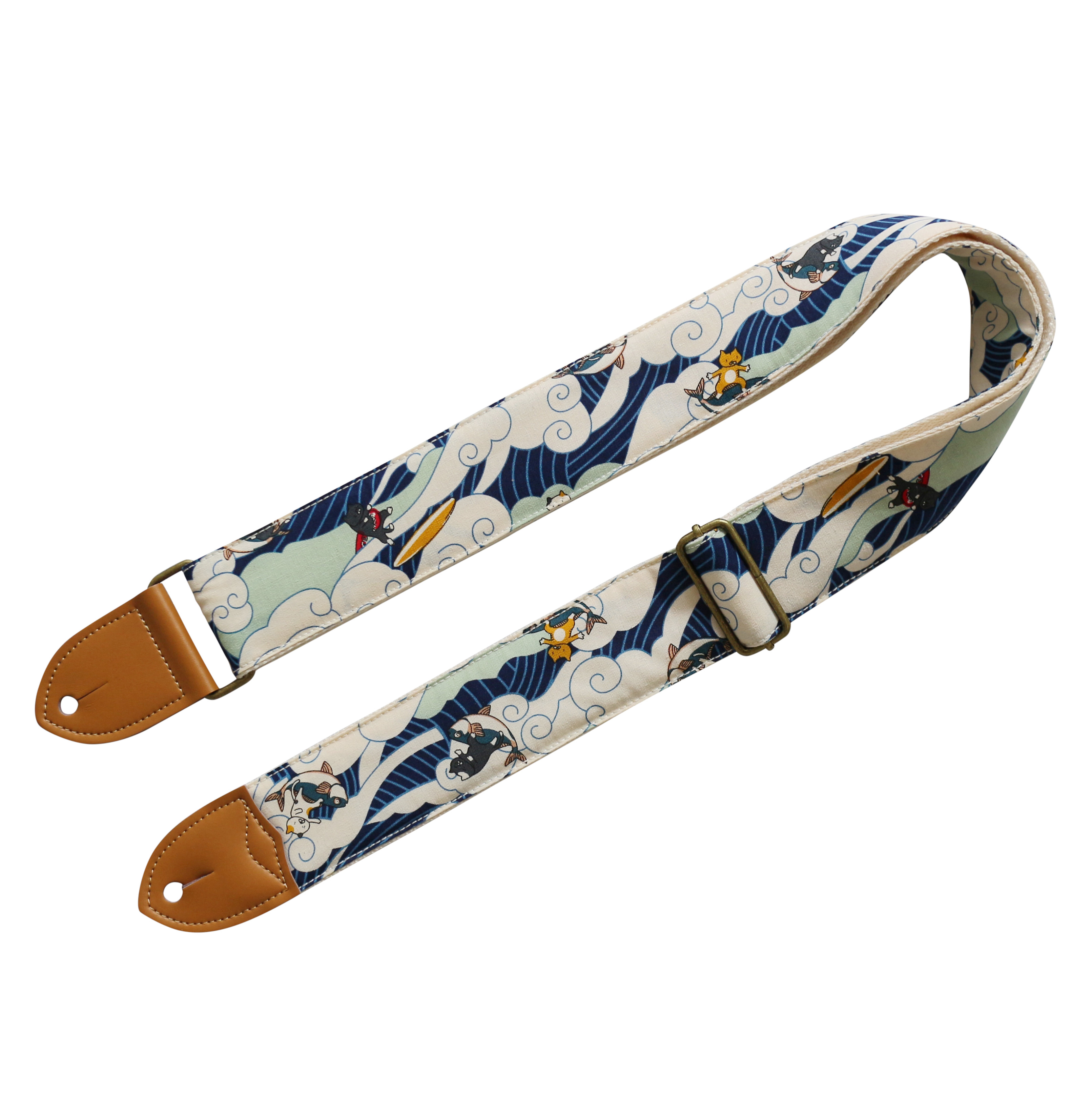 MUSIC FIRST Original Design, 2 inch width (5cm), Vintage Ukiyoe Style"Surfing Cat" Electric Guitar Strap