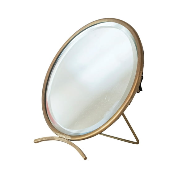 Creative Co-Op Brass Round Mirror On Stand in Antique Finish, Gold