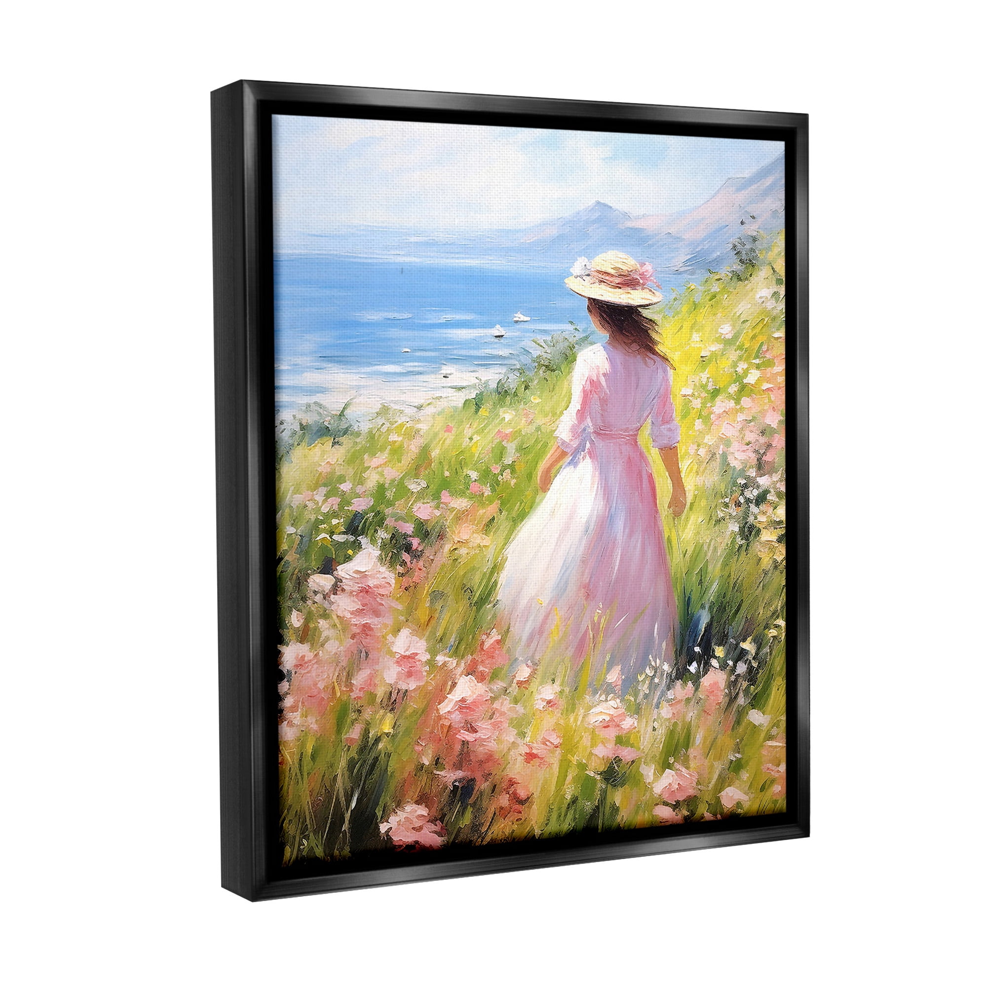 Stupell Industries Woman & Scenic Beach Landscape Painting Black Floater Framed Canvas Art Print Wall Art, 25 x 31