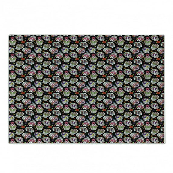 Sugar Skull Cutting Board, All Souls Day Floral Colorful Sugar Skulls Flowers on Dark Background Print, Decorative Tempered Glass Cutting and Serving Board, Small Size, Multicolor, by Ambesonne