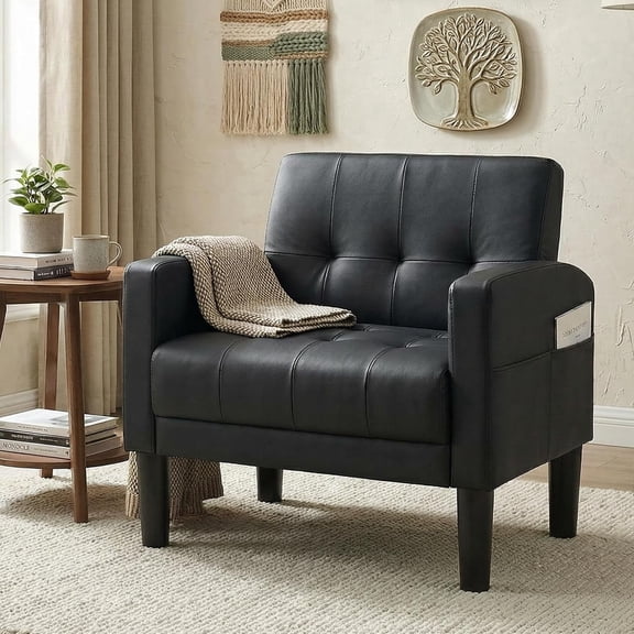 LAZZO Tufted Accent Chair, Mid Century Modern Upholstered Arm Chair for Living Room, Black