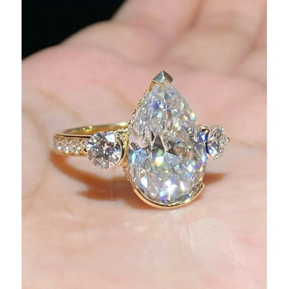 3 CT Pear Cut Lab Created Diamond 3-Stone Wedding Engagement Rings 14K Yellow Gold Plated Sterling Silver