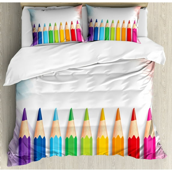 School Duvet Cover Set King Size, Digital Drawing Illustration of Realistic Colorful Pencils on Pastel Tone Backdrop, Decorative 3 Piece Bedding Set with 2 Pillow Shams, Multicolor, by Ambesonne