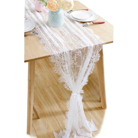 TETOU 1pc White Lace Table Runner, 14*120 Inch Embroidered Boho Table Runner, Vintage Rustic Table Runners for Wedding Party Bridal Shower Decorations