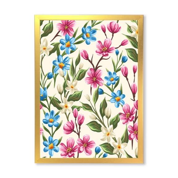 Designart 'Vintage Blue and Pink Wildflowers' Traditional Framed Art Print