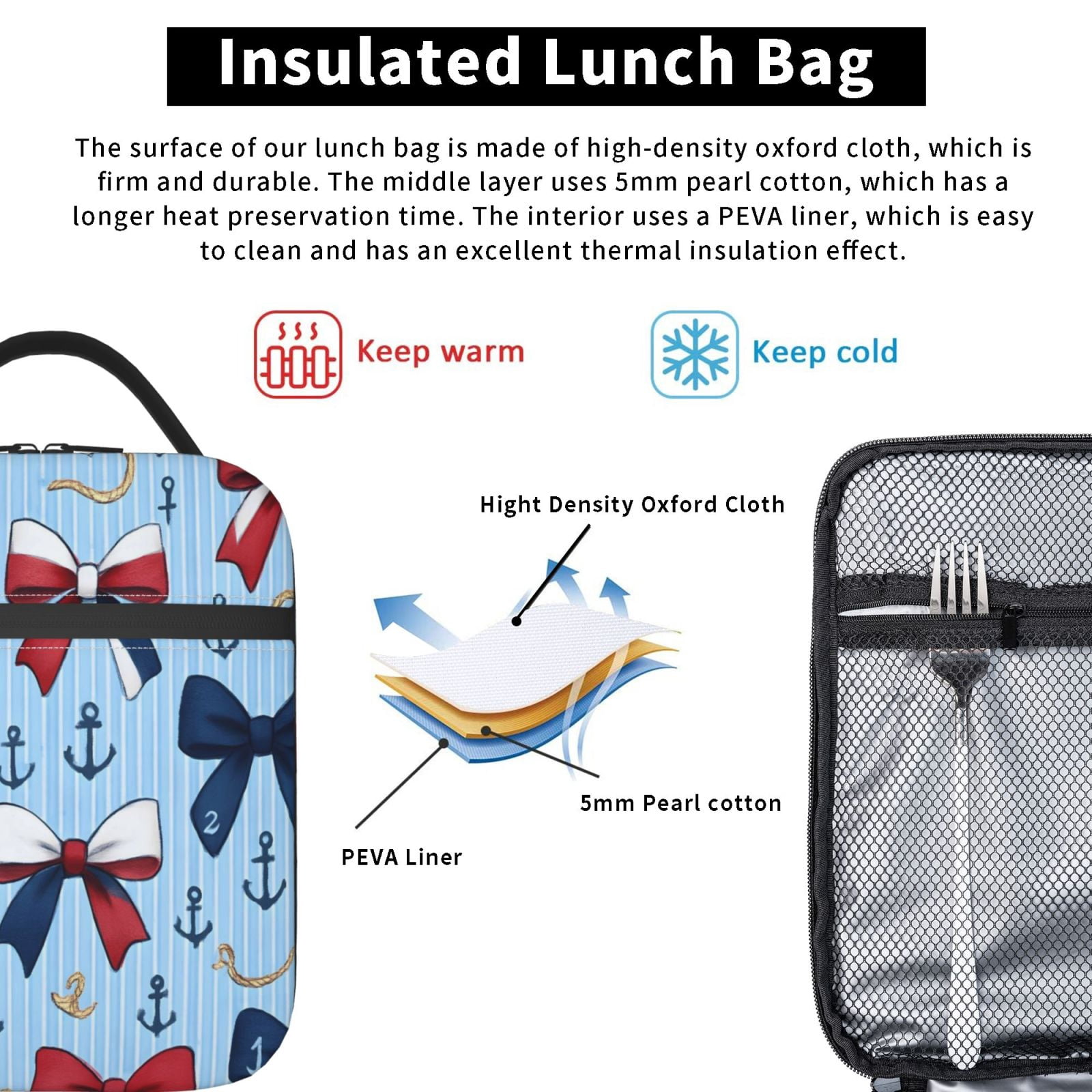 Lunch Bag For Women Men Insulated Portable Lunch Box Bento Box Office Picnic Travel Cooler Bag Nautical Theme Ribbon Bow Pattern