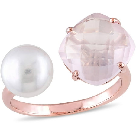 Tangelo 8-8.5mm White Round Freshwater Cultured Pearl and 3/4 Carat T.G.W. Rose Quartz Rose Rhodium-Plated Sterling Silver Fashion Ring