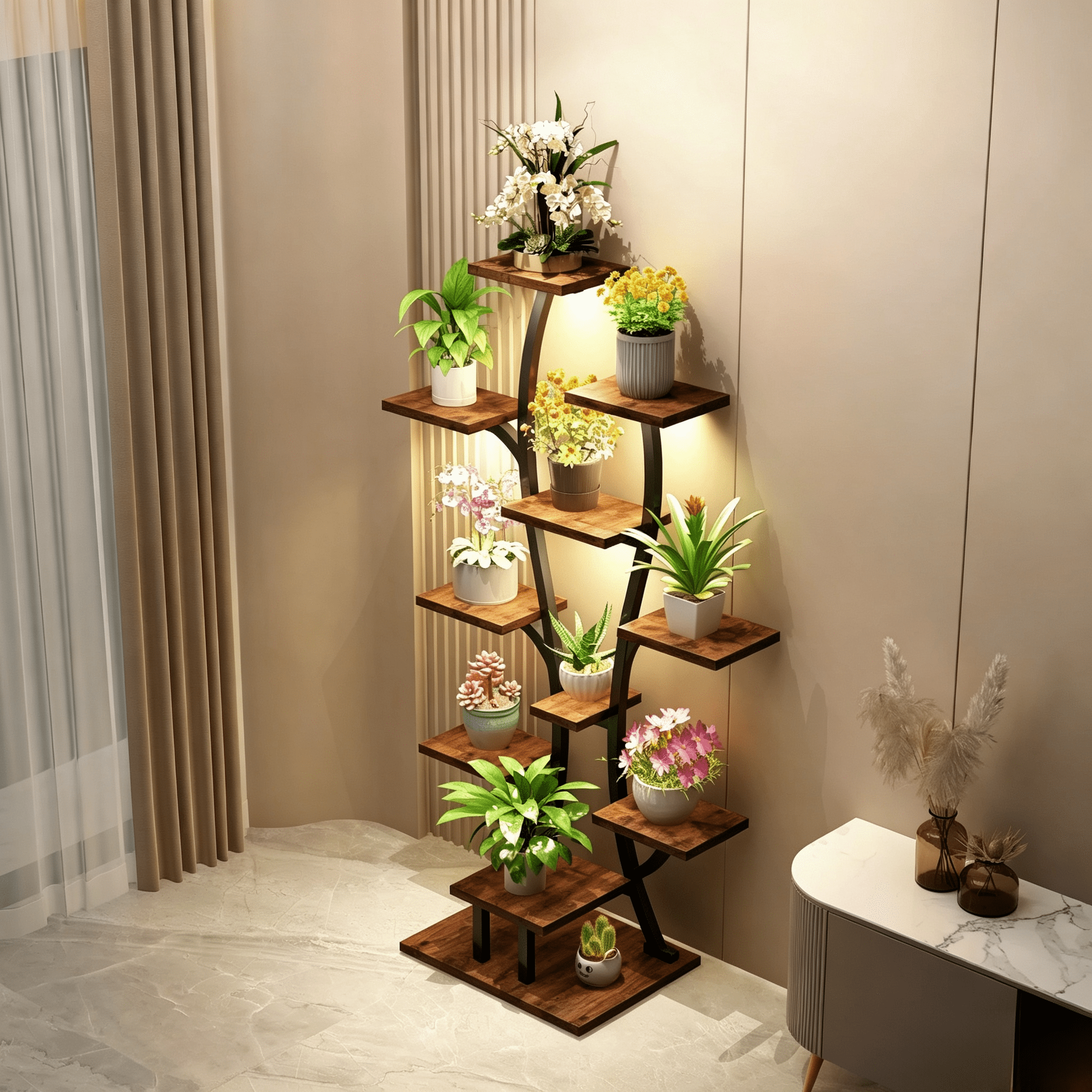Metal Indoor Plant Stand with Full Spectrum LED Grow Light, Multi-Tier Plant Flower Display Rack, Plant Shelf for Living Room Bedroom Patio Home Decor