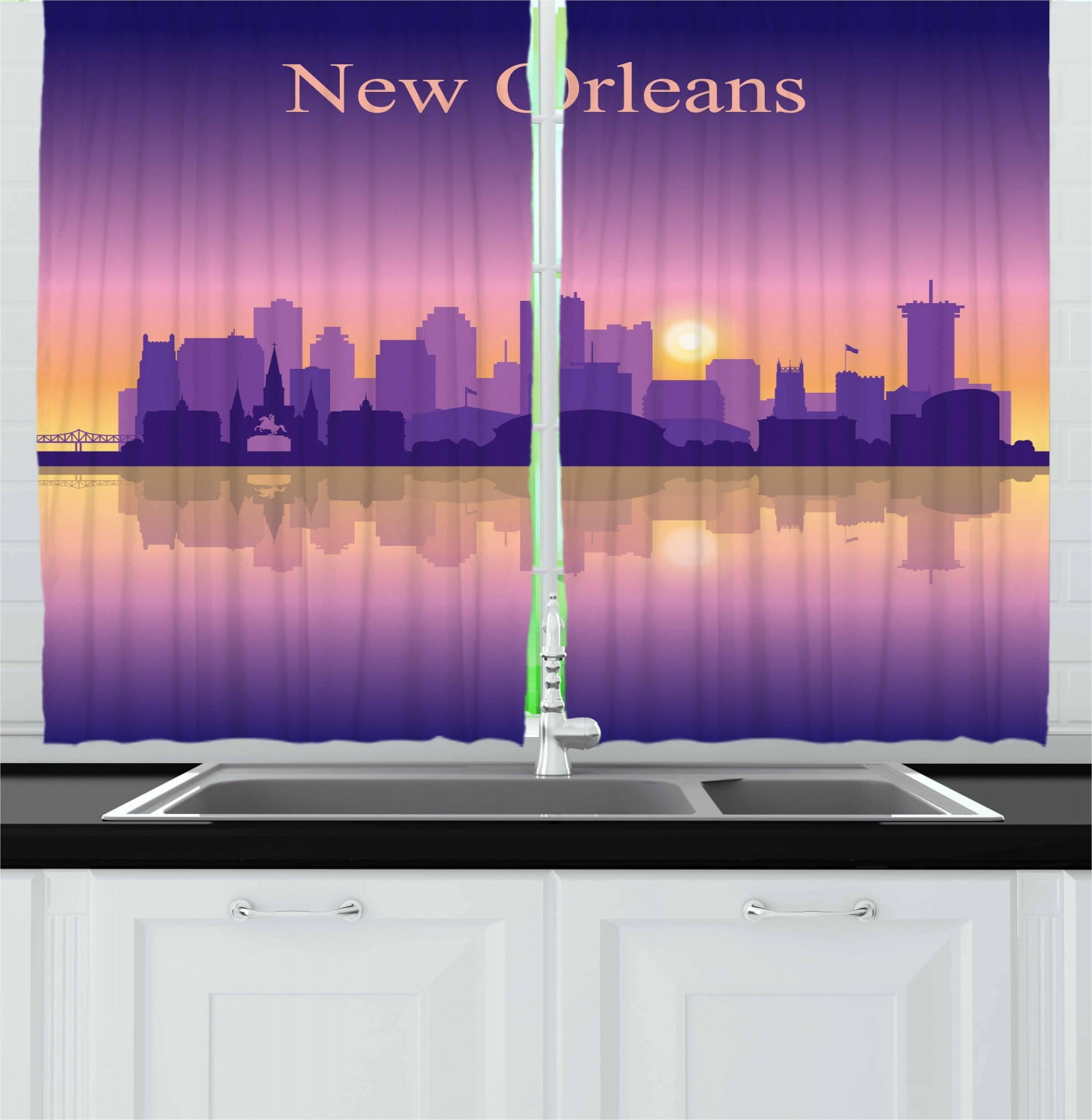 New Orleans Curtains 2 Panels Set, City Silhouette with Important