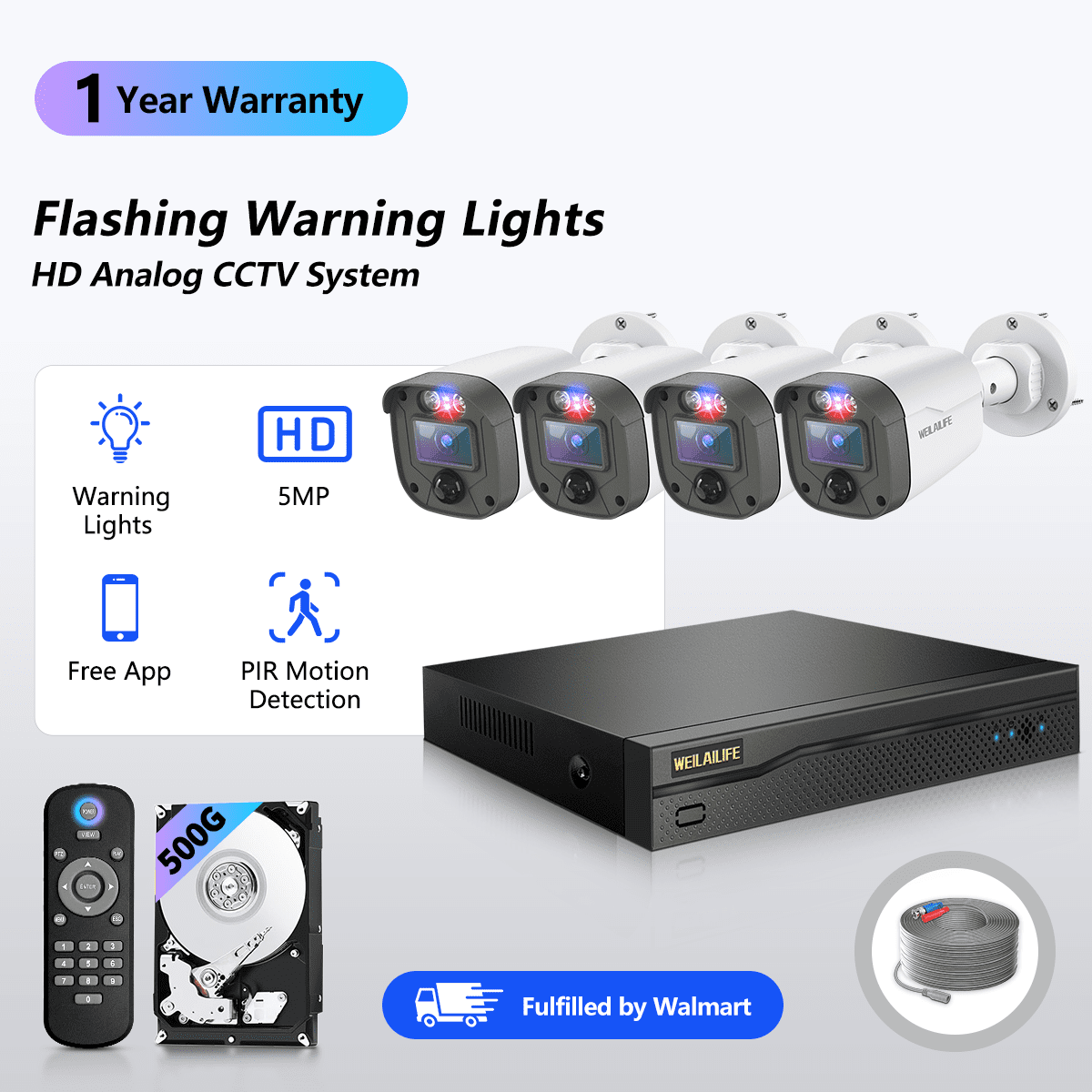 WEILAILIFE 5MP Wired Security Camera System with Red & Blue Warning Lights, 4CH DVR 500GB HDD
