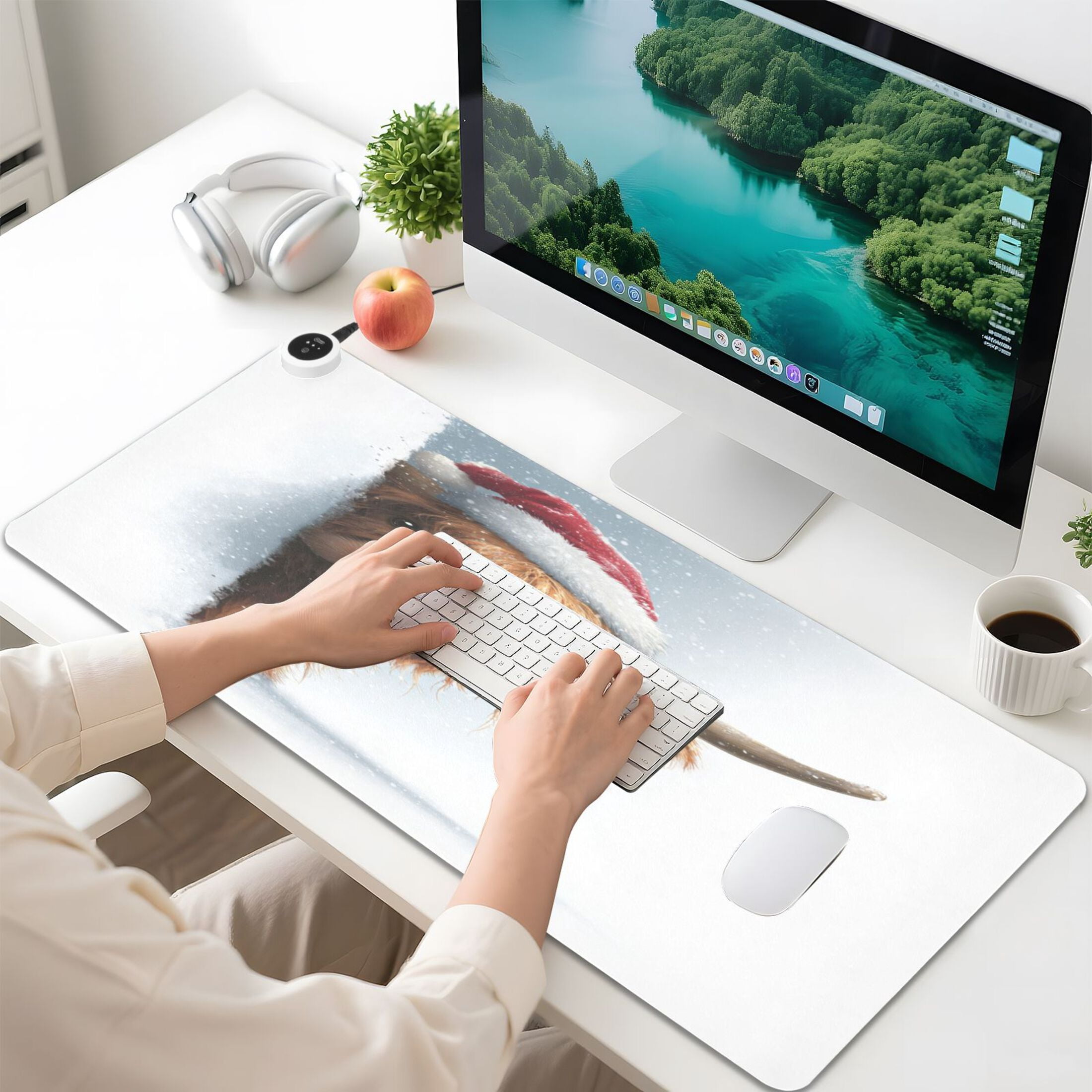 Large Heated Desk Mat Mouse Pad 31.5"x13"PU Leather Graphene Heating Desk Warmer with 3 Temperature Settings 110V US Plug Non-Slip Warm Pad for Home, Office, and Gaming Lovely Christmas Highland Cow