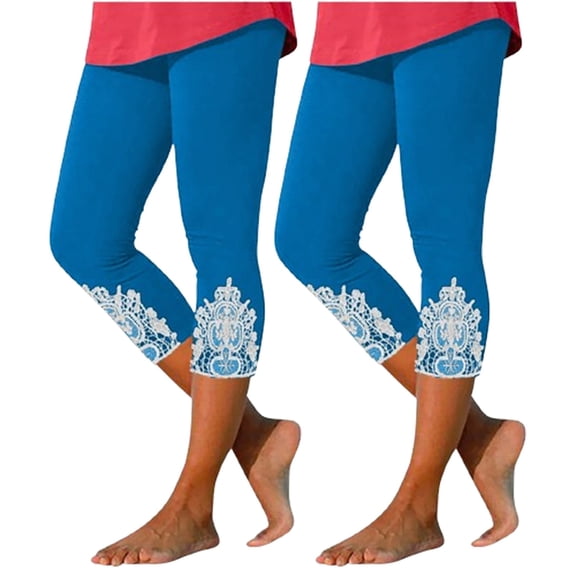 ZToonmas Women's 2 Pack High Waist Lace Trim Capri Leggings Slim Fit Cropped Pants for Summer