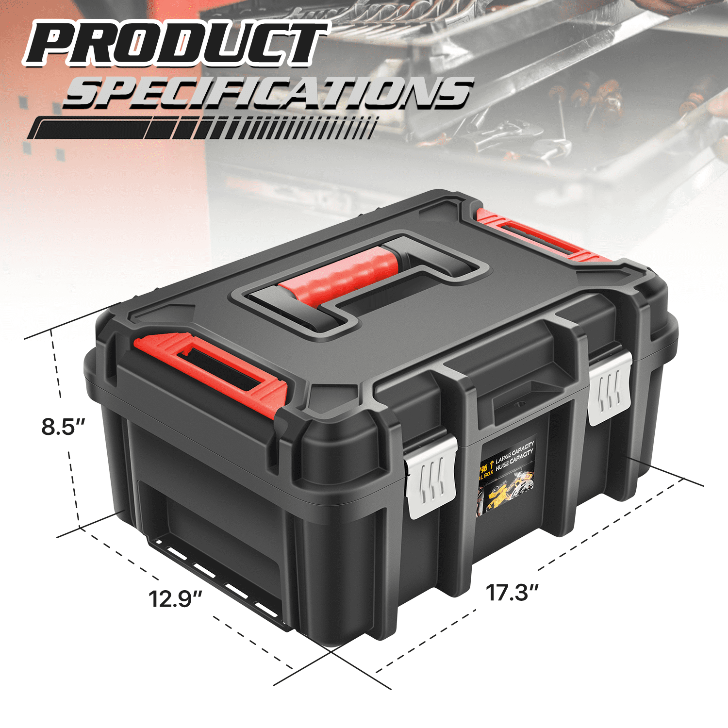 Monibloom Portable Tool Box with Removable Tray, Lockable Storage Organizer for Home & Garage, 17.3"L x 12.9"W x 8.5"H, Black/Red