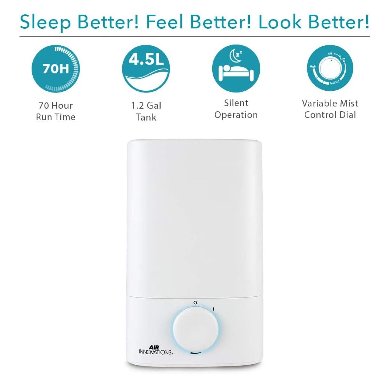 Humidifiers for Bedroom Convenient Oversized 4.5L Runs for 70 Hours for Large Room up to 400 Sq Ft Top Fill Cool Mist Humidifier Ideal for Baby Room and Plants MH-419, White, 1.2