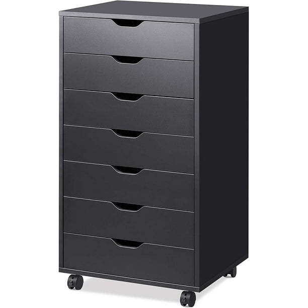 HANTU 7-Drawer Chest, Wood Storage Dresser Cabinet with Wheels, Black ...