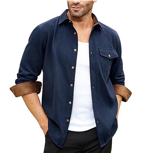 Blusa y camisa de manga larga con cuello vuelto para hombre, informal, lisa, con botones y bolsillo, de poliéster