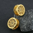 thumbnail image 2 of LADEMAYH Hollow Design Ear Plugs Tunnels Gauges for Women & Men, Floral Pattern Hypoallergenic Surgical 316L Stainless Steel Ear Expanders Body Jewelry (2pcs Gold, 19mm=3/4"), 2 of 4