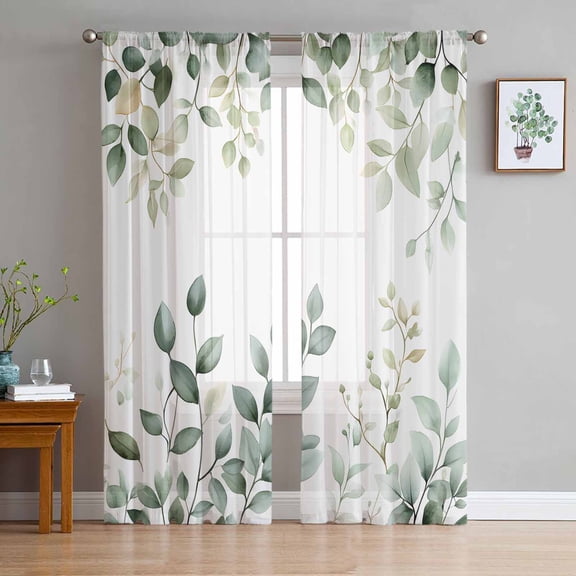 Teal Eucalyptus Leaves Sheer Curtains 84 Inches Long 2 Panels Set, Window Sheer Curtains for Living Room/Bedroom, Summer Botanical Spring Weeping Light Filtering Rod Pocket Curtain 52'' x 84'' x 2