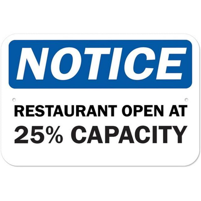SignMission A-1218-25461 Public Safety Sign - Notice Restaurant Open At 25 Percent Capacity