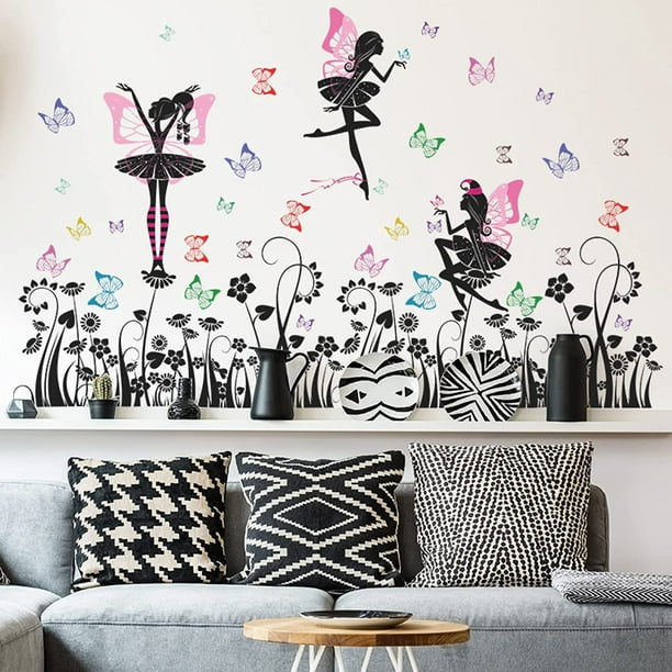 Black Fairy Wall Decals Girls Room Spring Flowers Butterfly Wall Stickers  DIY Removable Peel and Stick Art Murals for Kids Room Heytea ursery  Classroom Living Room Bedroom Decor (Black) 