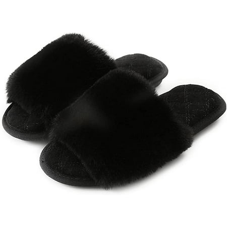 

PIKADINGNIS Women s Cross Band Slippers Soft Plush Furry Cozy Slip On Open Toe House Shoes Indoor Outdoor Warm Comfy