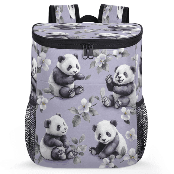 Jiaoprinted Cute Pandas Leakproof Cooler Backpack, White Flowers Insulated Backpack Cooler for Outdoor
