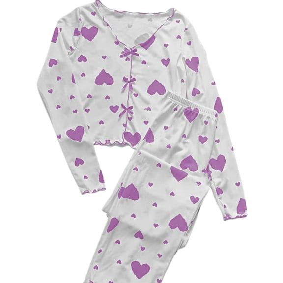 Pajamas for Women Set Long Sleeve Tops Pants with Heart Print Soft Two Piece Sleepwear Homewear