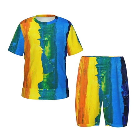 Luyuia Rainbow Colored Print Girls  2-Piece Tie-Dye Pajama Set  Cute Summer Loungewear with Shirt and Tank Shorts Nightwear-XX-Large