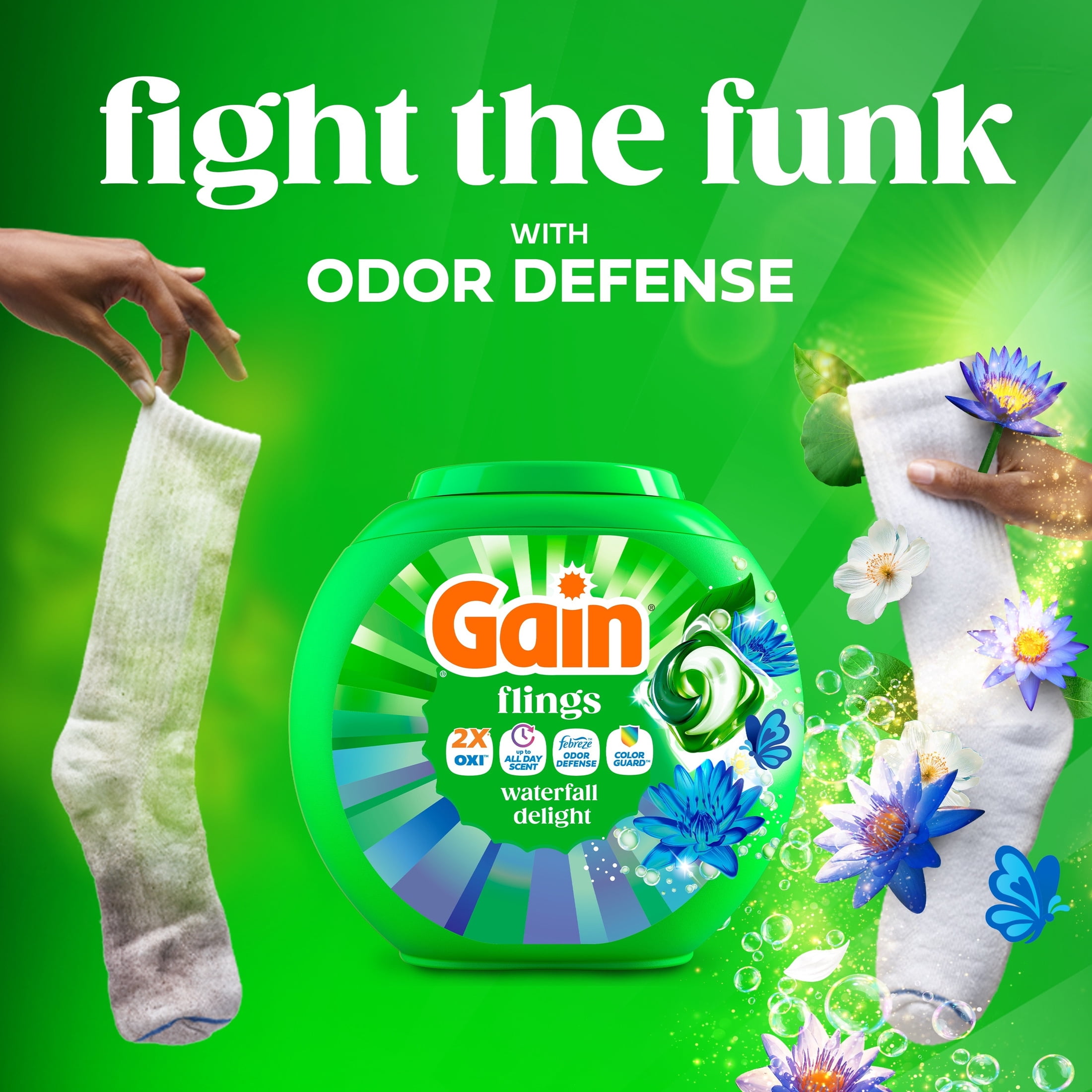 Gain Flings Liquid Washing Detergent Pacs, Now with Odor Defense + Color Guard, Waterfall Delight Scent, 15 Count
