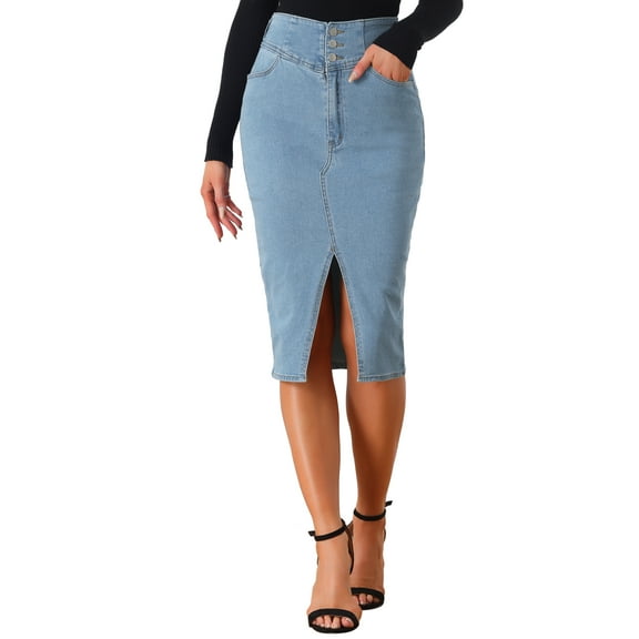 DARING DIVA Women's Denim Split Hem Pencil Jean Midi Skirts XL Light Blue