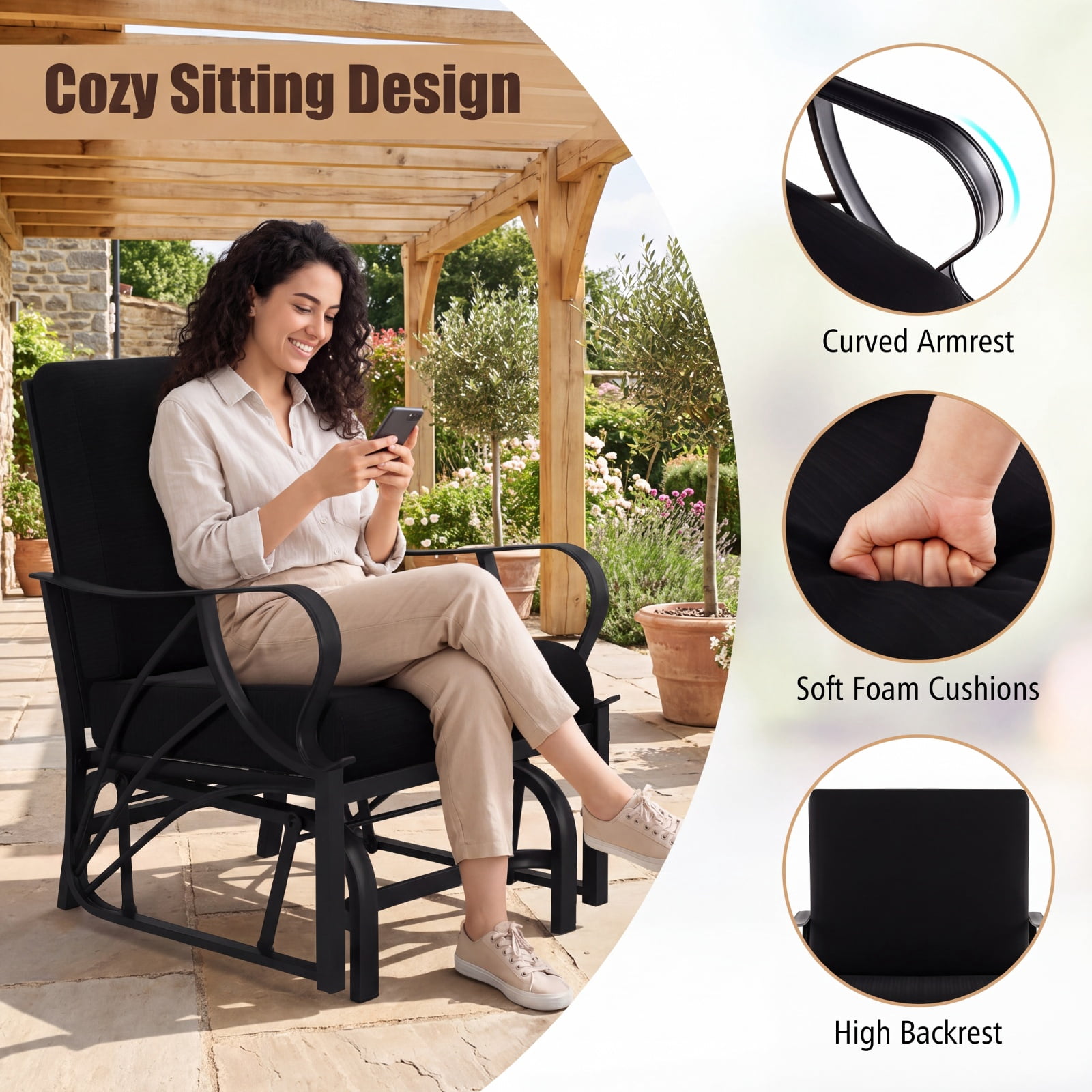 Furnibear Patio Glider Rocking Chair with Thick Cushion Curved Armrests Easy to Clean Metal Frame and Smooth Gliding Motion for Porch, Black