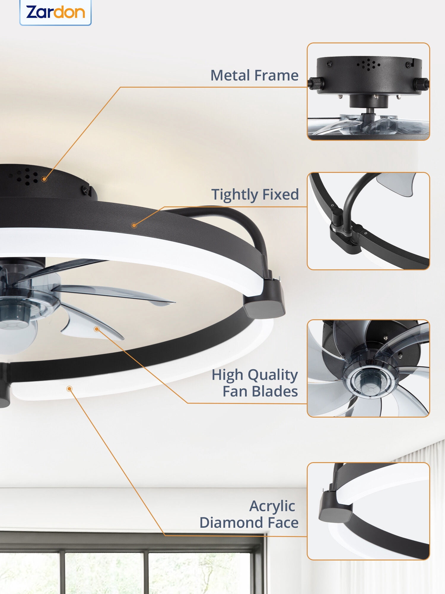 Zardon 20'' Ceiling Fans with Lights and Remote, Modern Flush Mount ,Dimmable LED Fan Light, for Bedroom, Black