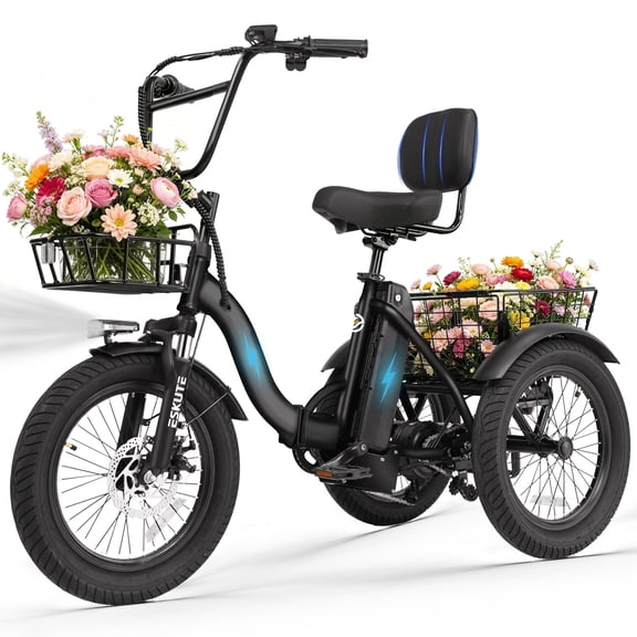 ESKUTE Adult Electric Tricycle, Folding Step-Thru E-Trike with Removable Battery, 18" x 3.0" Fat Tires, Long Range 3-Wheel Electric Bicycle for Daily Riding UL2849, Black