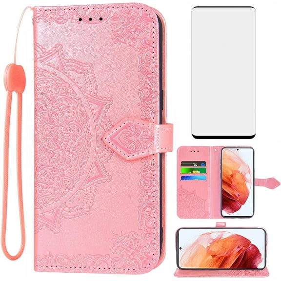 Compatible with Samsung Galaxy S22 Plus 5G Wallet Case and Tempered Glass Screen Protector Flip Cover Card Holder Cell Phone Cases for Gaxaly S22 5G Galaxies S22plus 22S S 22 22 G5 Women Rose Gold