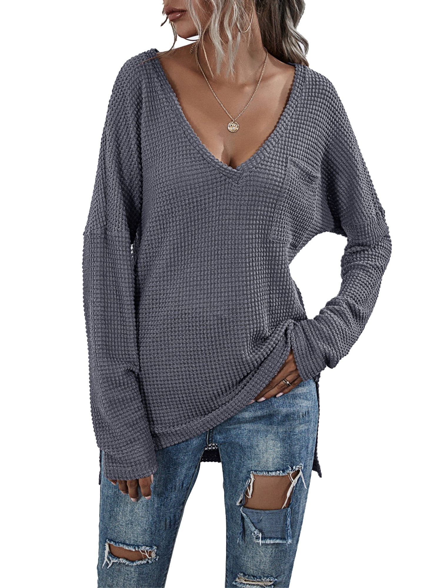 Casual Long Sleeve Star Pattern Side Split Loose Sweater Tops Womens Knit V Neck Pullover Sweaters