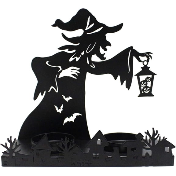 Halloween Witch Tealight Holder Metal Candle Holder (2, Black) | Witch Shadow Projection Candle Stand, Black Metal Halloween Tabletop Centerpiece Decoration for Home Mantel Garden Decor