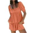 thumbnail image 2 of QATAINLAV Women's Cotton Linen 2 Piece Outfits Cute Puff Sleeve Square Neck Pleated Tops and Elastic Waist Bermuda Shorts Summer Lounge Sets Orange XL Mother's Day Gifts, 2 of 8