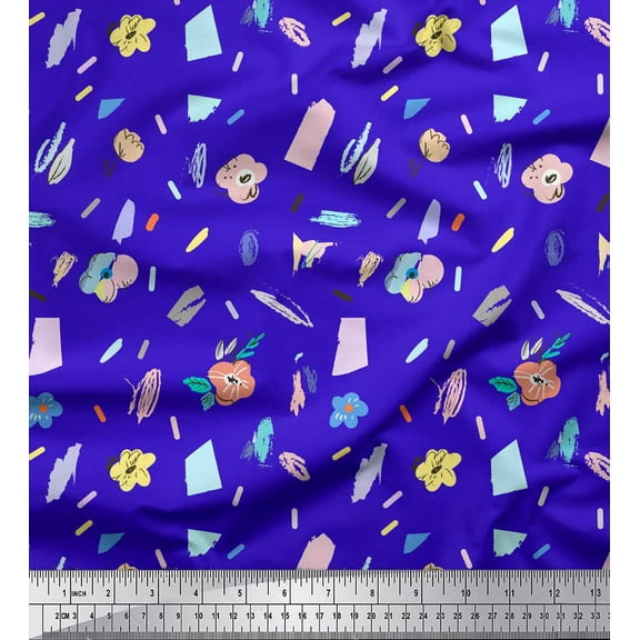 Soimoi Blue Cotton Voile Fabric Floral & Brush Stroke Print Sewing Fabric Yard 42 Inch Wide