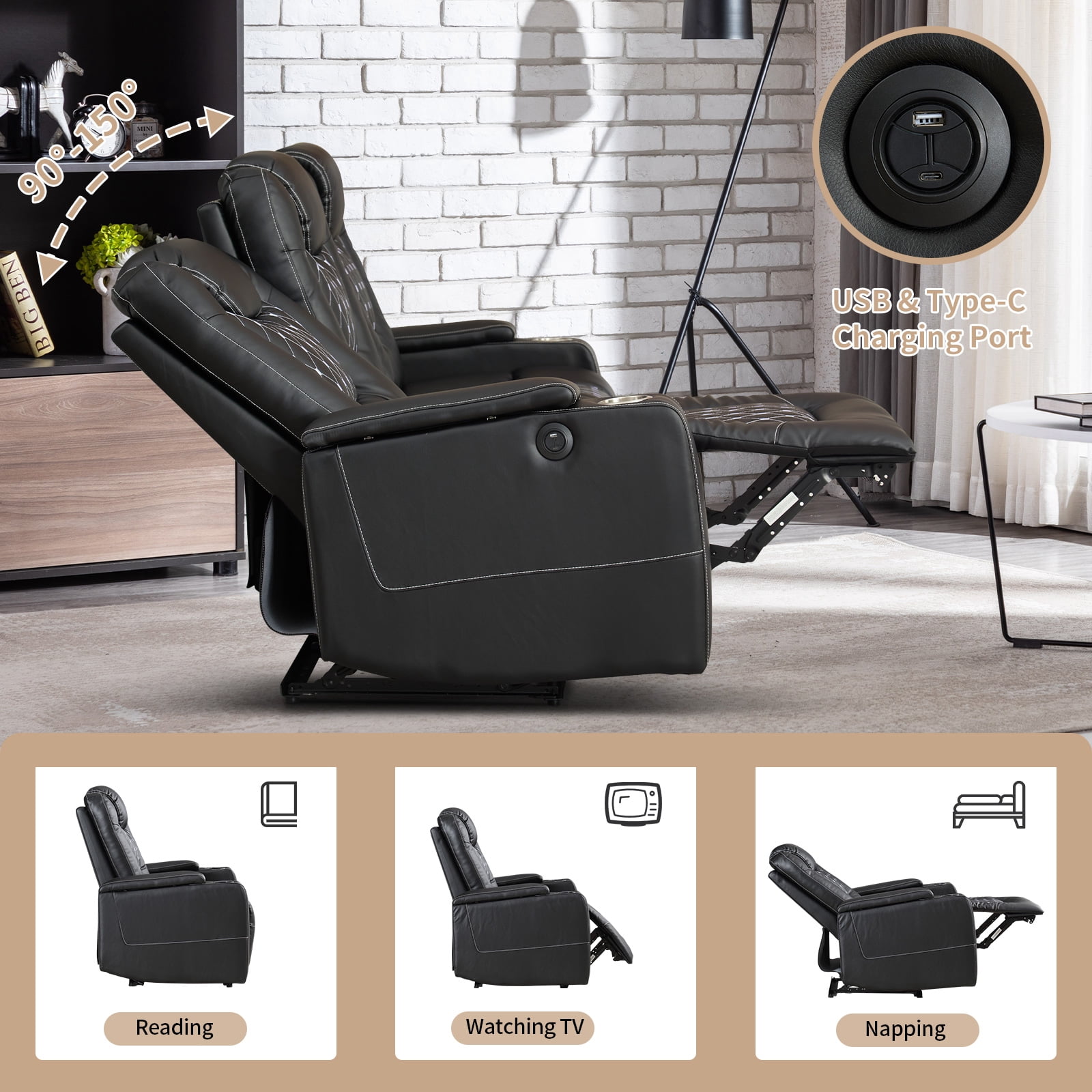 Bonzy Home Theater Recliner Chair Sofa, PU Leather 3 seat Power Recliner Sofa with Cup Holders, USB Ports, Black
