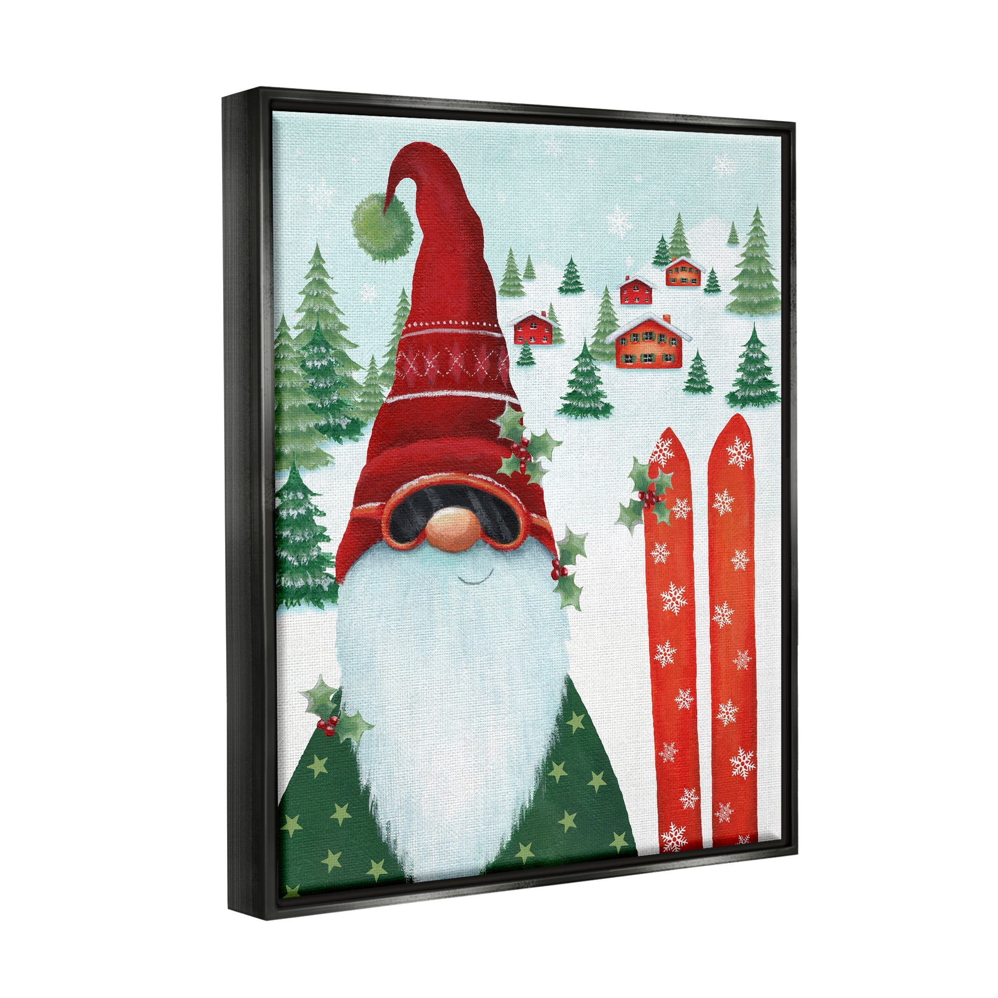 Stupell Industries Gnome Skiing Winter Slopes Holiday Painting Black Floater Framed Canvas Art Print Wall Art, 25 x 31