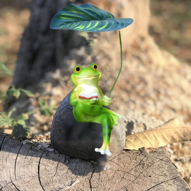 Estatua de rana para jardín, microescultura encantadora para escritorio, patio, acuario Libro