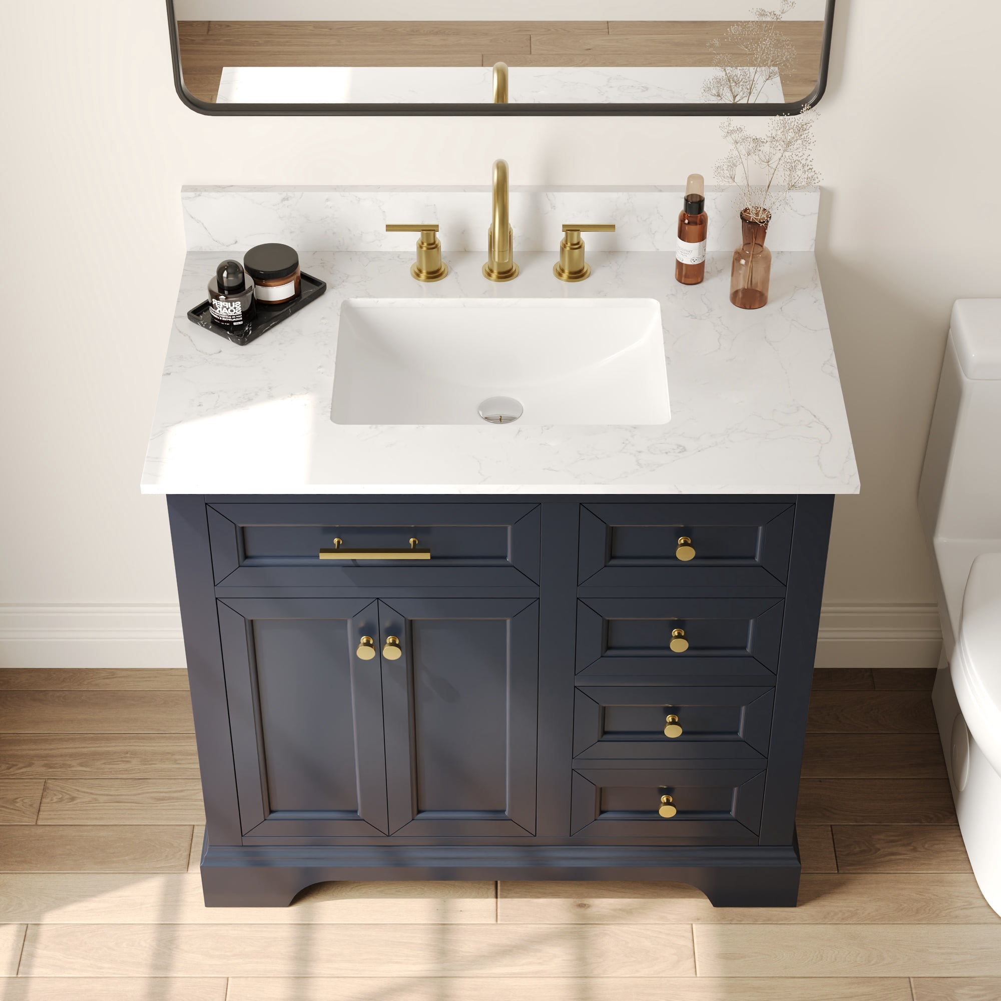 36" Bathroom Vanity Ceramic Sink Top with Backsplash, Pre-assembled Bathroom Cabinet Navy Blue