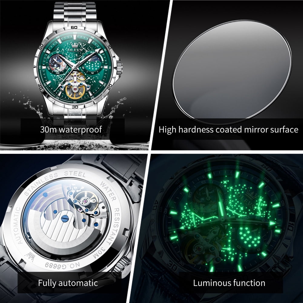 OLEVS Automatic Watches for Mens Starry Sky Skeleton Tourbillon Self Winding Mechanical Moon Phase Luminous Waterproof Luxury Dress Mens Wrist Watches Gifts Reloj Para Hombre Black/Blue/Green